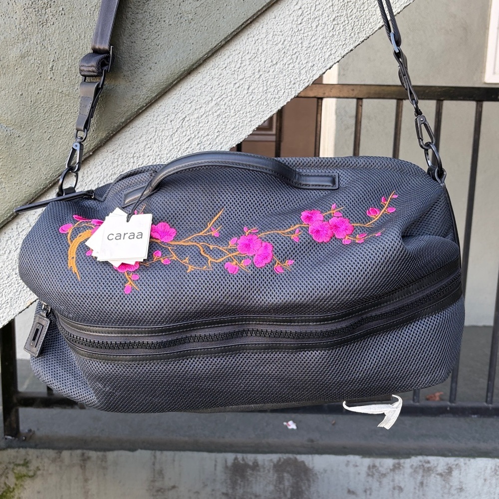 NWT Caraa Black Travel Bag with Japanese Cherry Blossoms Duffle Yoga Bag - Picture 2 of 11